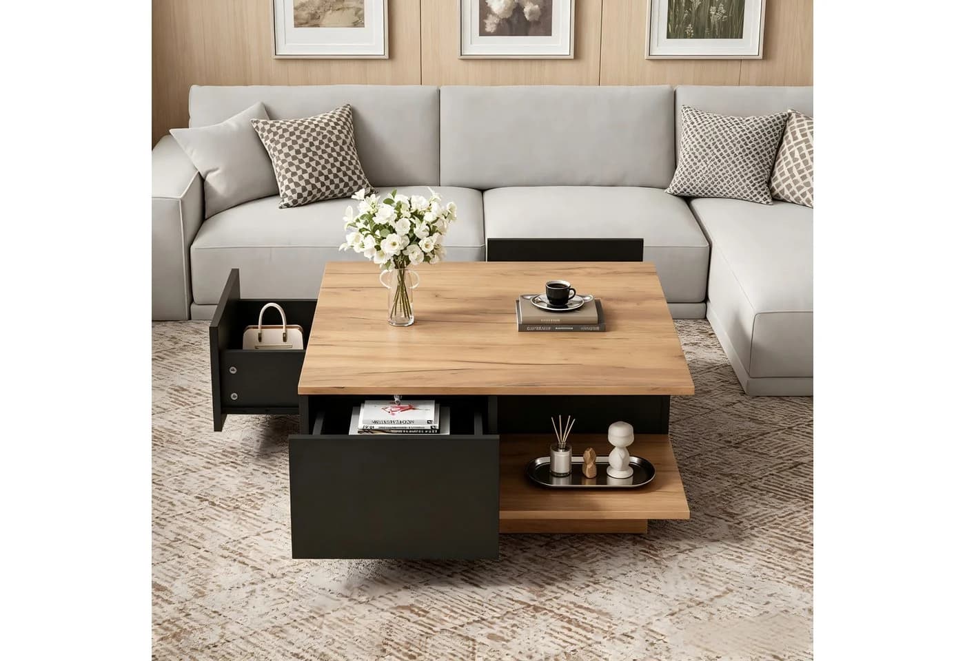 STILVORA Couchtisch mit 3 Schubladen Schwarz Holzoptik
