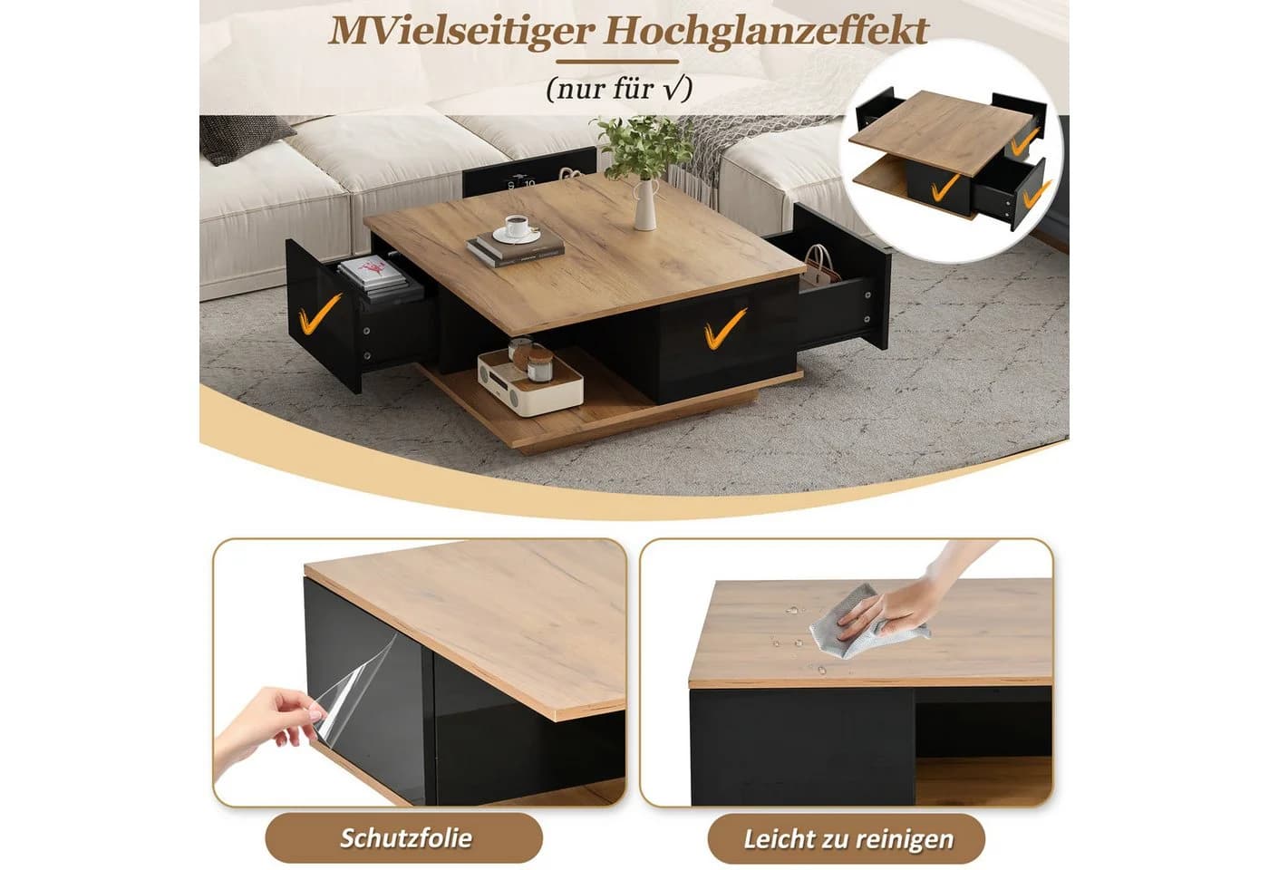 STILVORA Couchtisch mit 3 Schubladen Schwarz Holzoptik - Bild 5