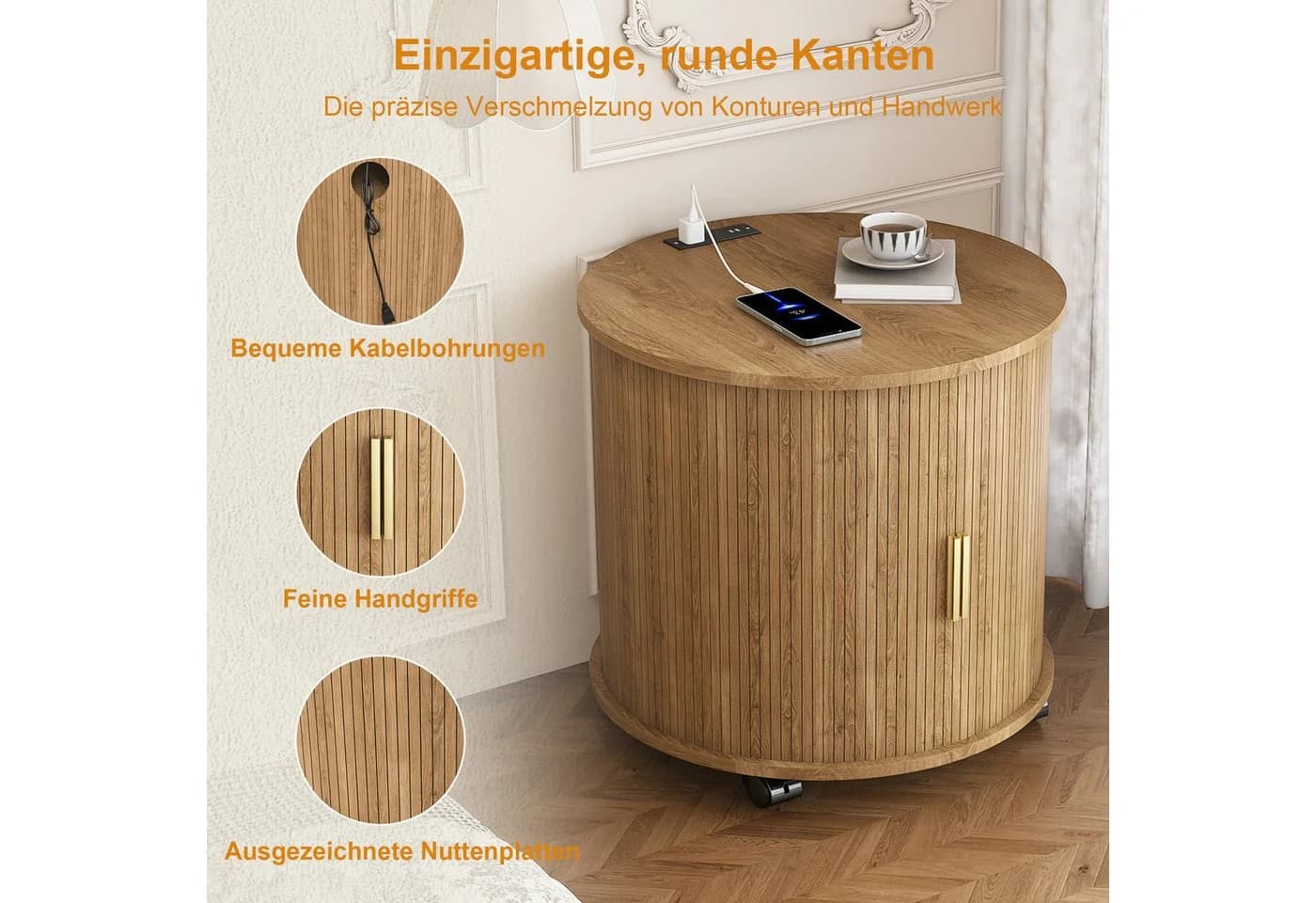 STILVORA Beistelltisch rund Eiche-Optik mit Ladestation - Bild 5