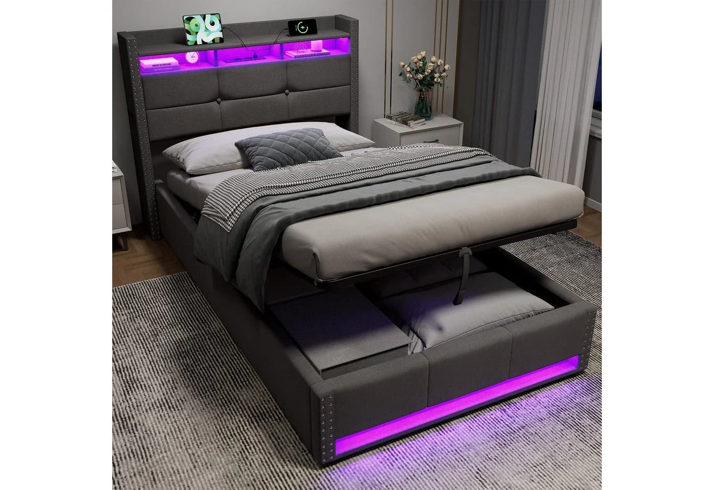 STILVORA Polsterbett Grau mit LED-Beleuchtung und Bettkasten