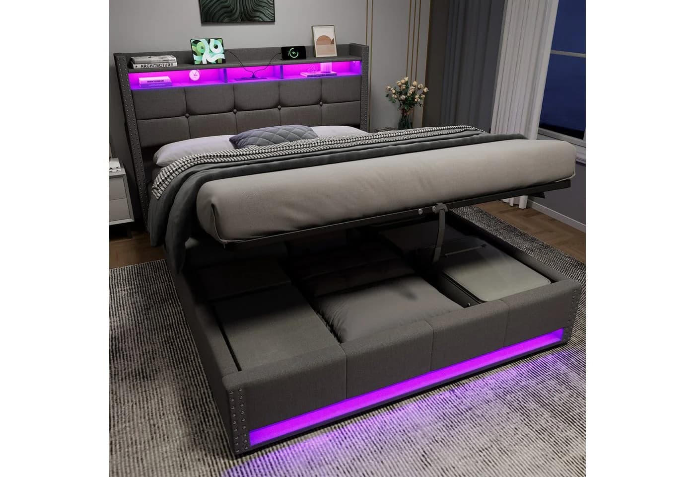 STILVORA Polsterbett Grau mit LED, Bettkasten und Matratze