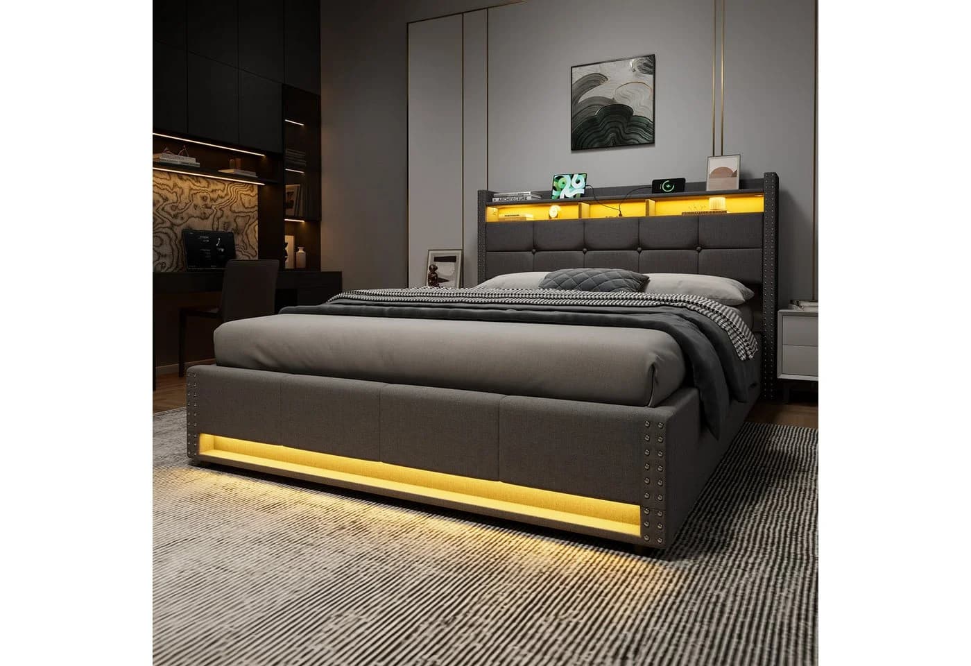 STILVORA Polsterbett Grau mit LED, Bettkasten und Matratze - Bild 3