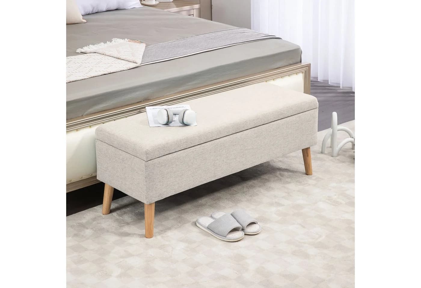 REDOM Polsterbank Beige Gummiholz mit Stauraum