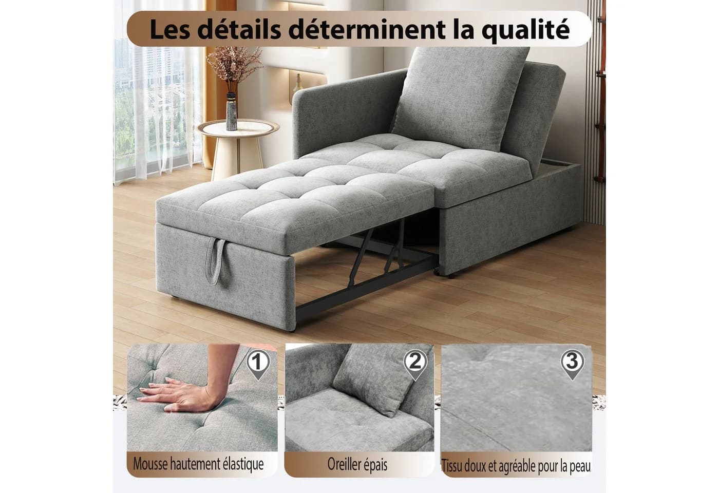 REDOM Schlafsofa 3-in-1 mit verstellbarer Rückenlehne Grau Leinenstoff - Bild 3