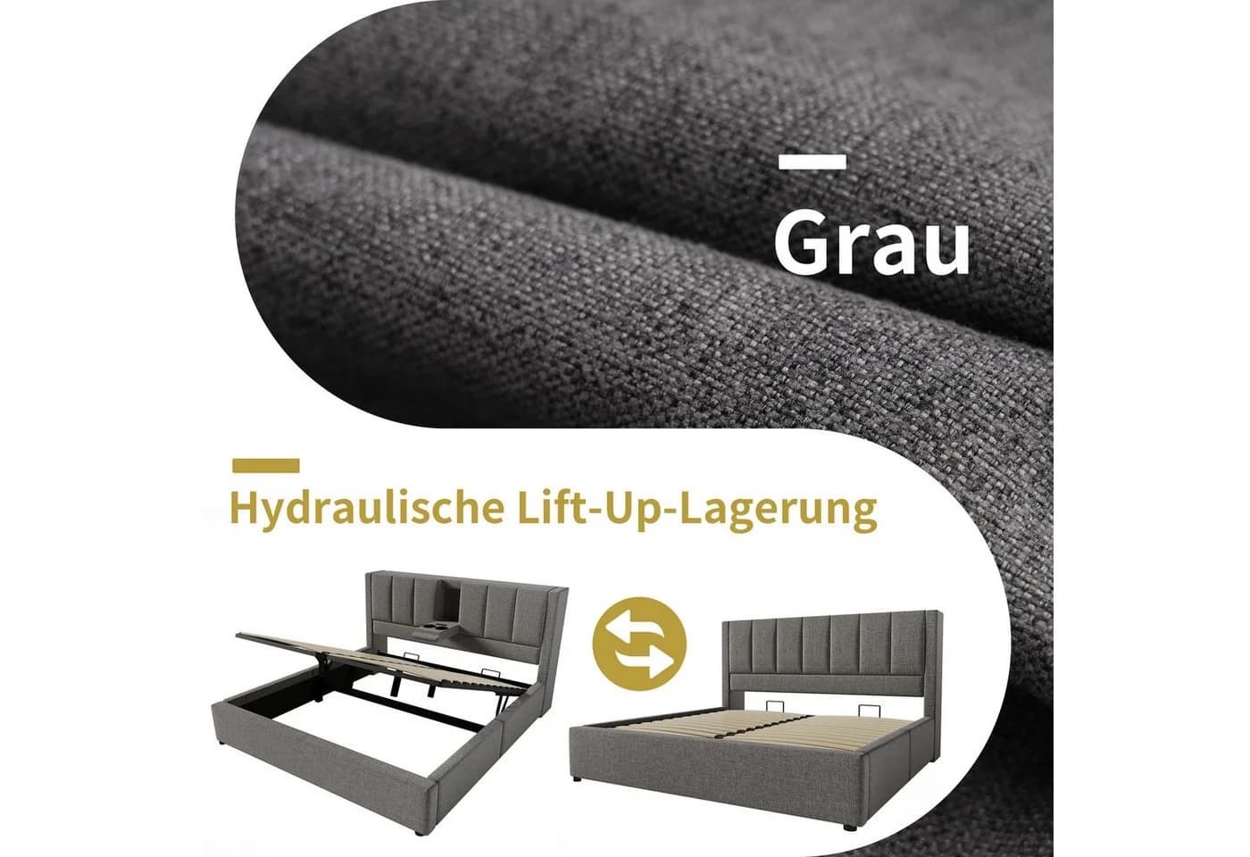 REDOM Polsterbett 180x200 mit Bettkasten und USB-Ladestation Grau - Bild 5