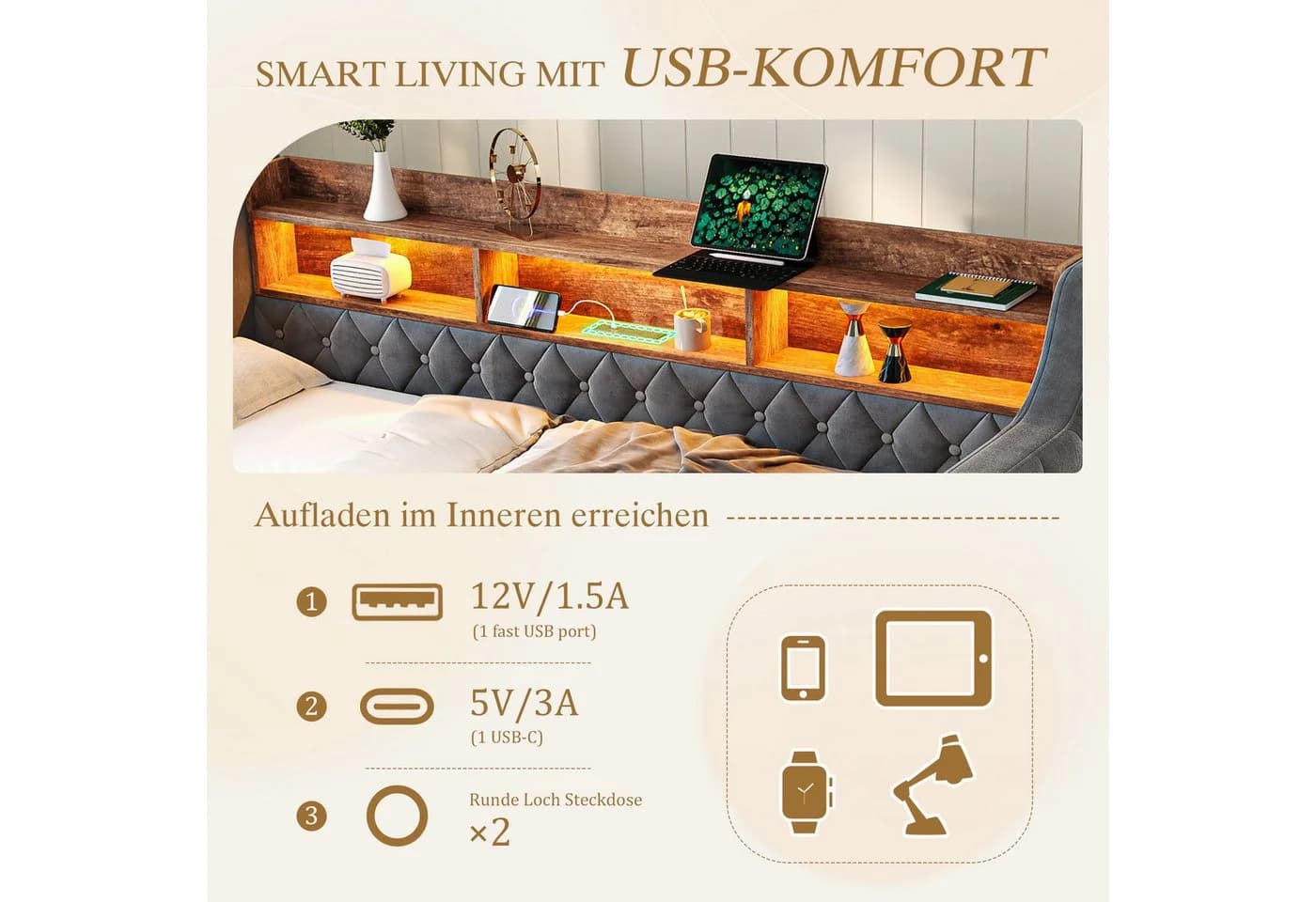 REDOM Schlafsofa mit Ausziehbett, LED-Licht und USB-C Grau - Bild 4