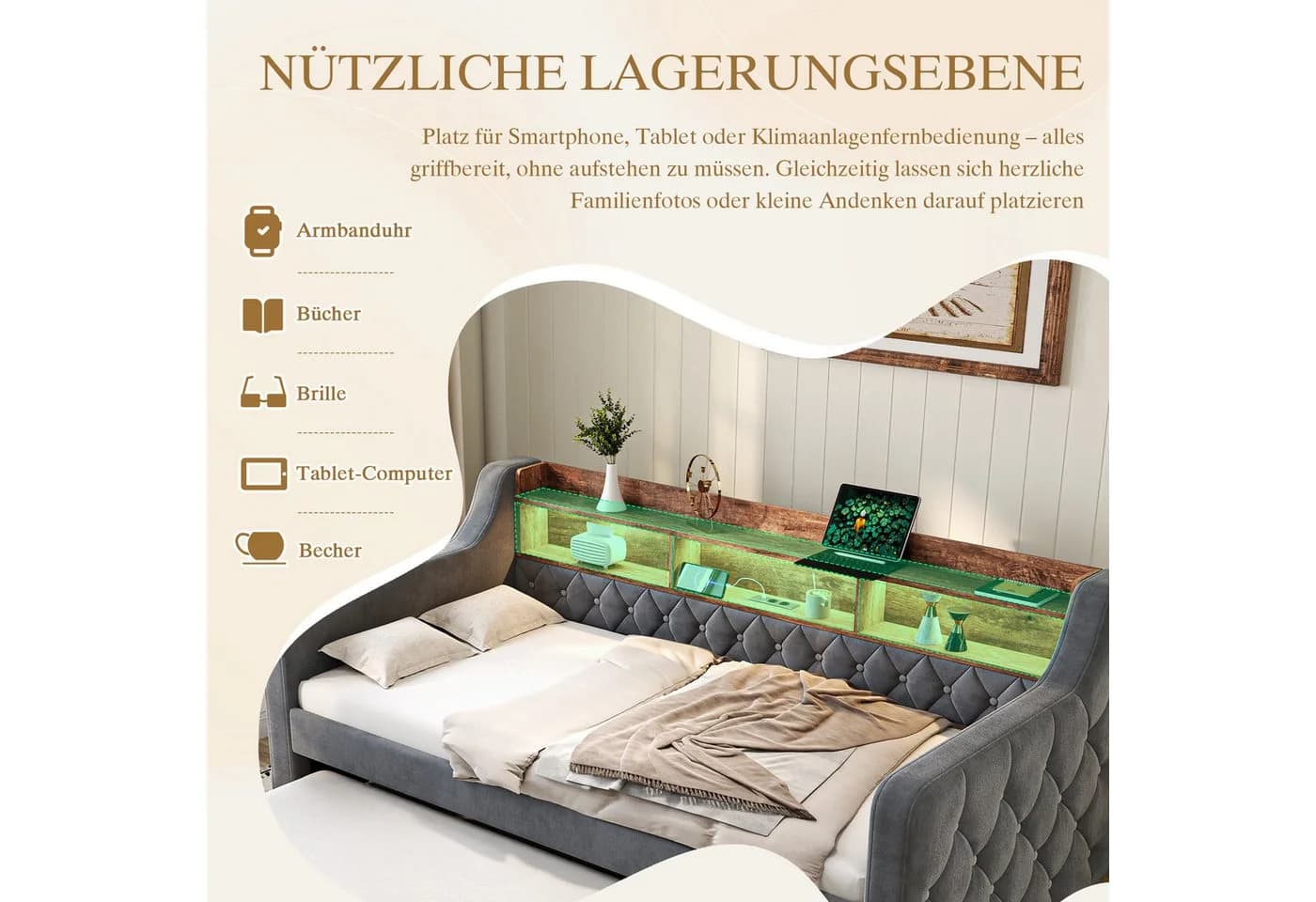 REDOM Schlafsofa mit Ausziehbett, LED-Licht und USB-C Grau - Bild 5