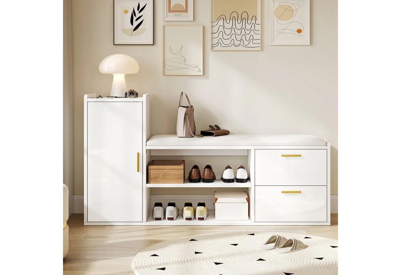 REDOM Schuhschrank mit Sitzbank Weiß Hochglanz - Bild 2