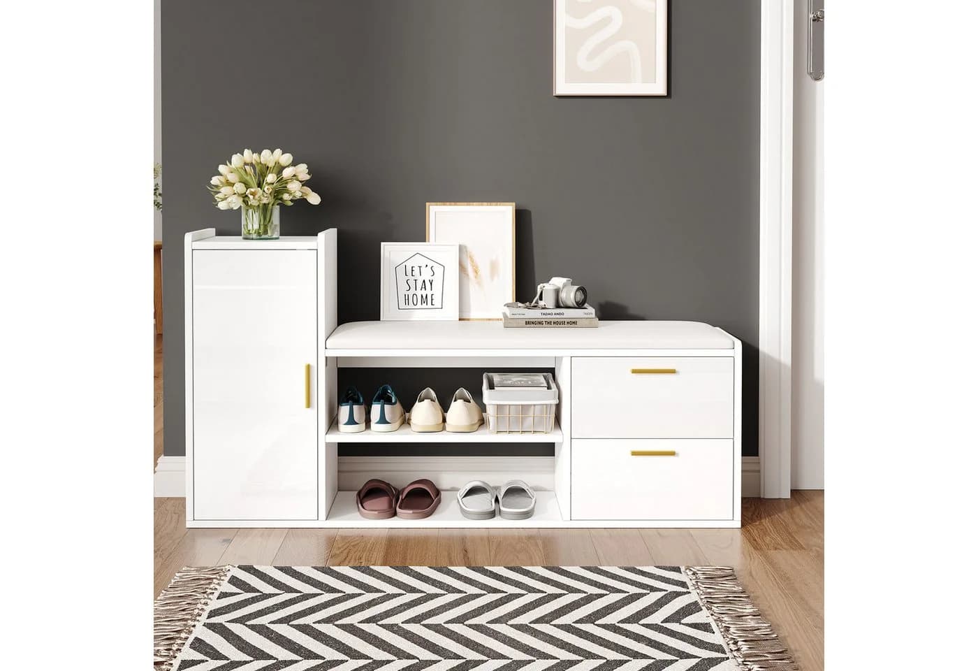 REDOM Schuhschrank mit Sitzbank Weiß Hochglanz - Bild 3