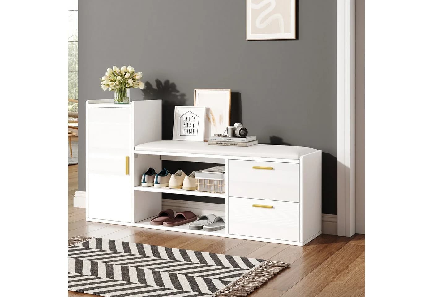 REDOM Schuhschrank mit Sitzbank Weiß Hochglanz - Bild 4