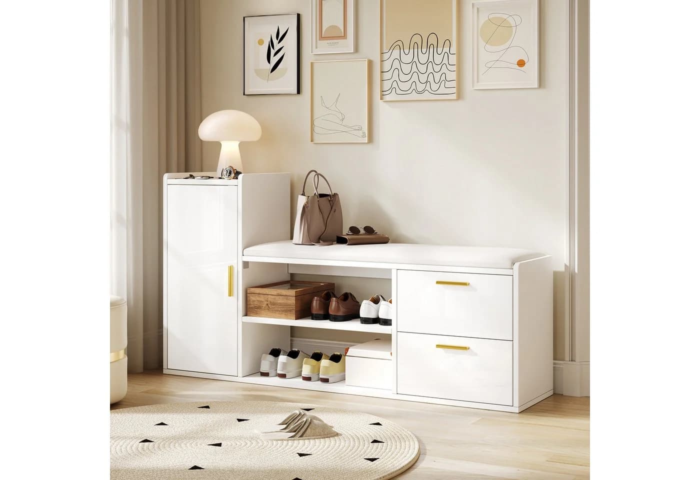 REDOM Schuhschrank mit Sitzbank Weiß Hochglanz - Bild 5