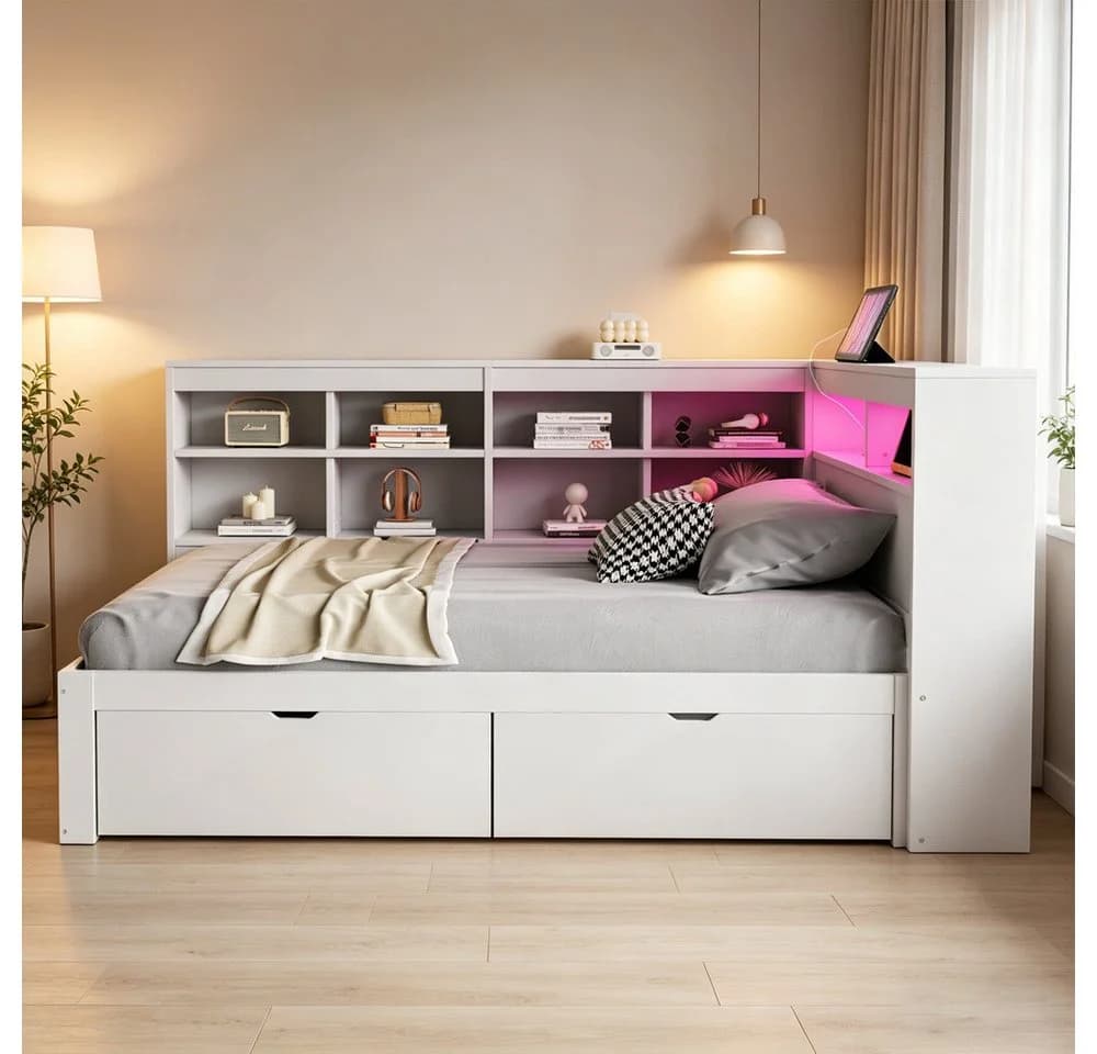 REDOM Stauraumbett mit USB-Steckdose und LED-Beleuchtung, Weiß/Grau