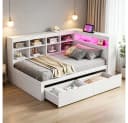 REDOM Stauraumbett mit USB-Steckdose und LED-Beleuchtung, Weiß/Grau Bild 2