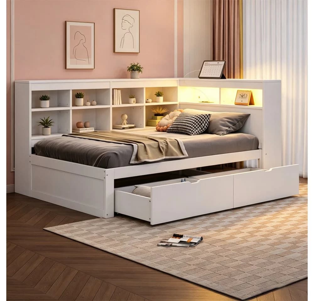 REDOM Stauraumbett mit USB-Steckdose und LED-Beleuchtung, Weiß/Grau - Bild 5