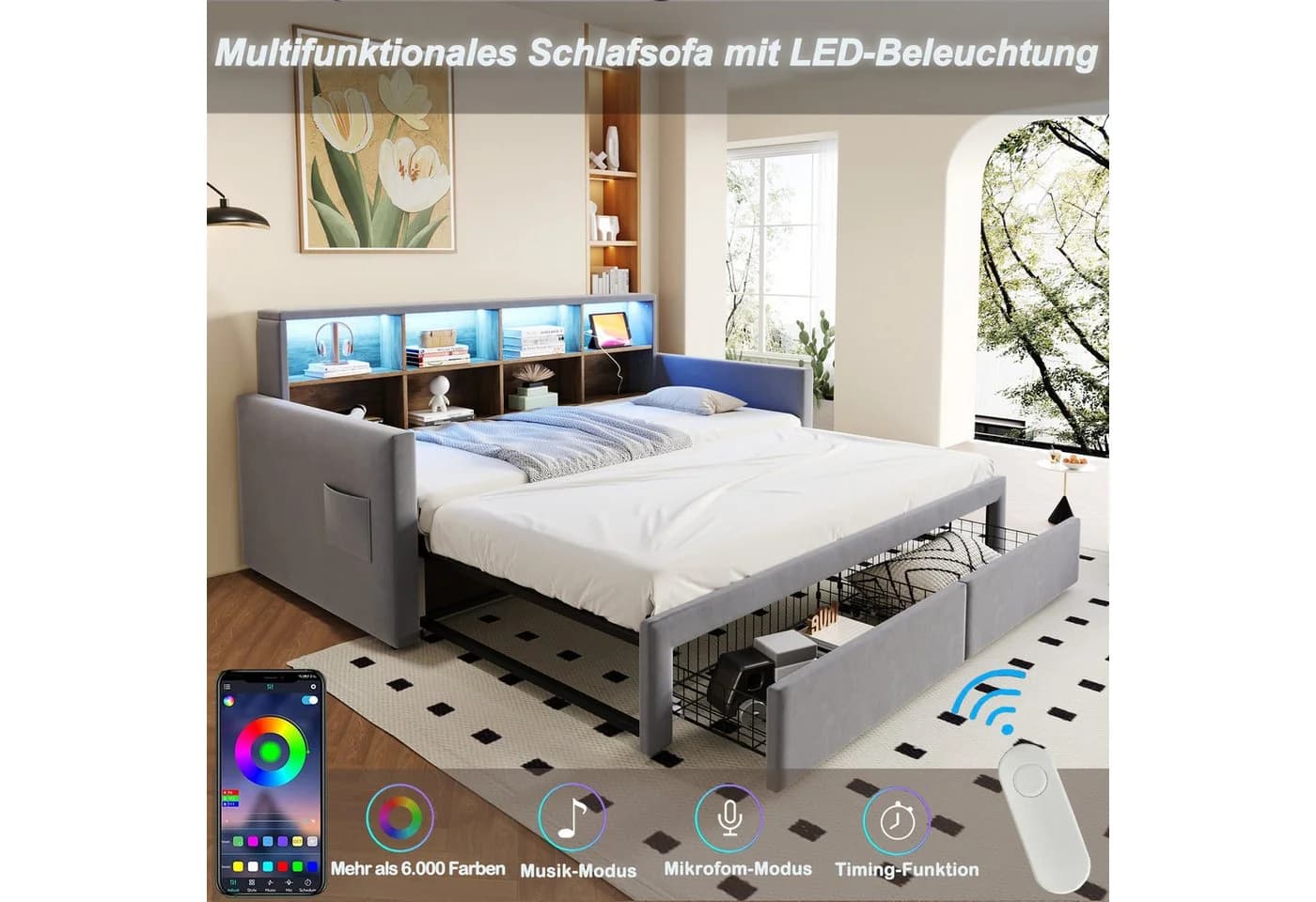 REDOM Schlafsofa mit LED-Kopfteil & Stauraum, Samt, 90/180 x 190 cm - Bild 3