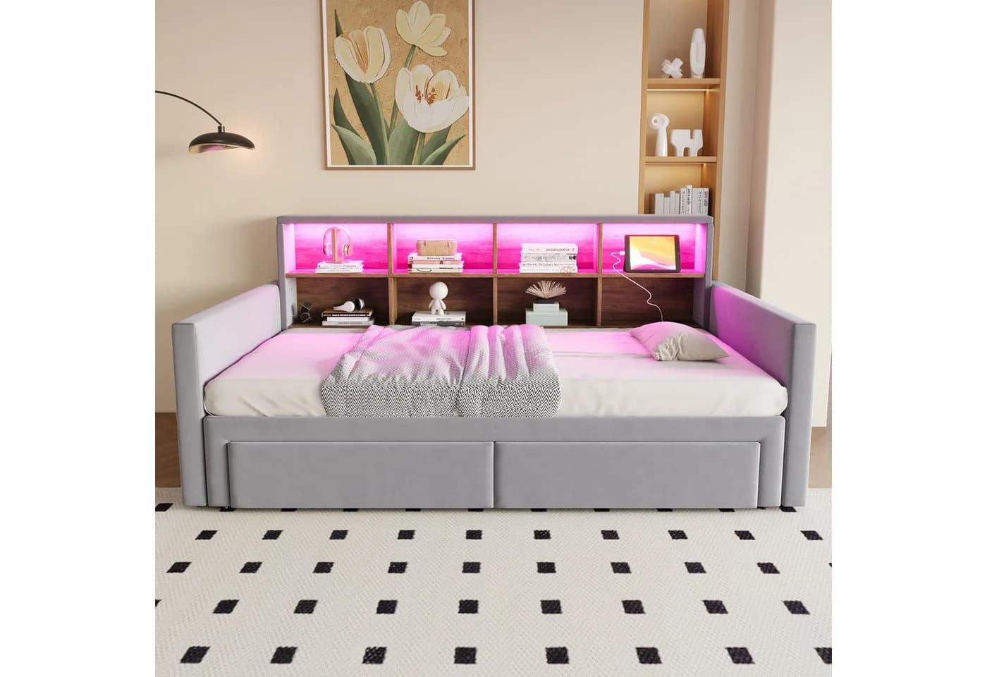 REDOM Schlafsofa mit LED-Kopfteil & Stauraum, Samt, 90/180 x 190 cm - Bild 5