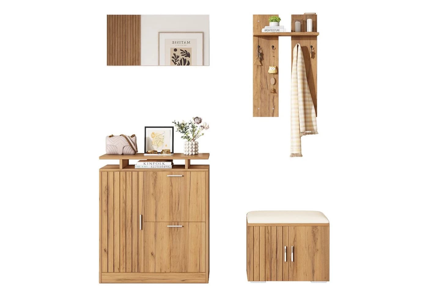 REDOM Garderoben-Set mit Schuhbank, Schuhschrank & Spiegel