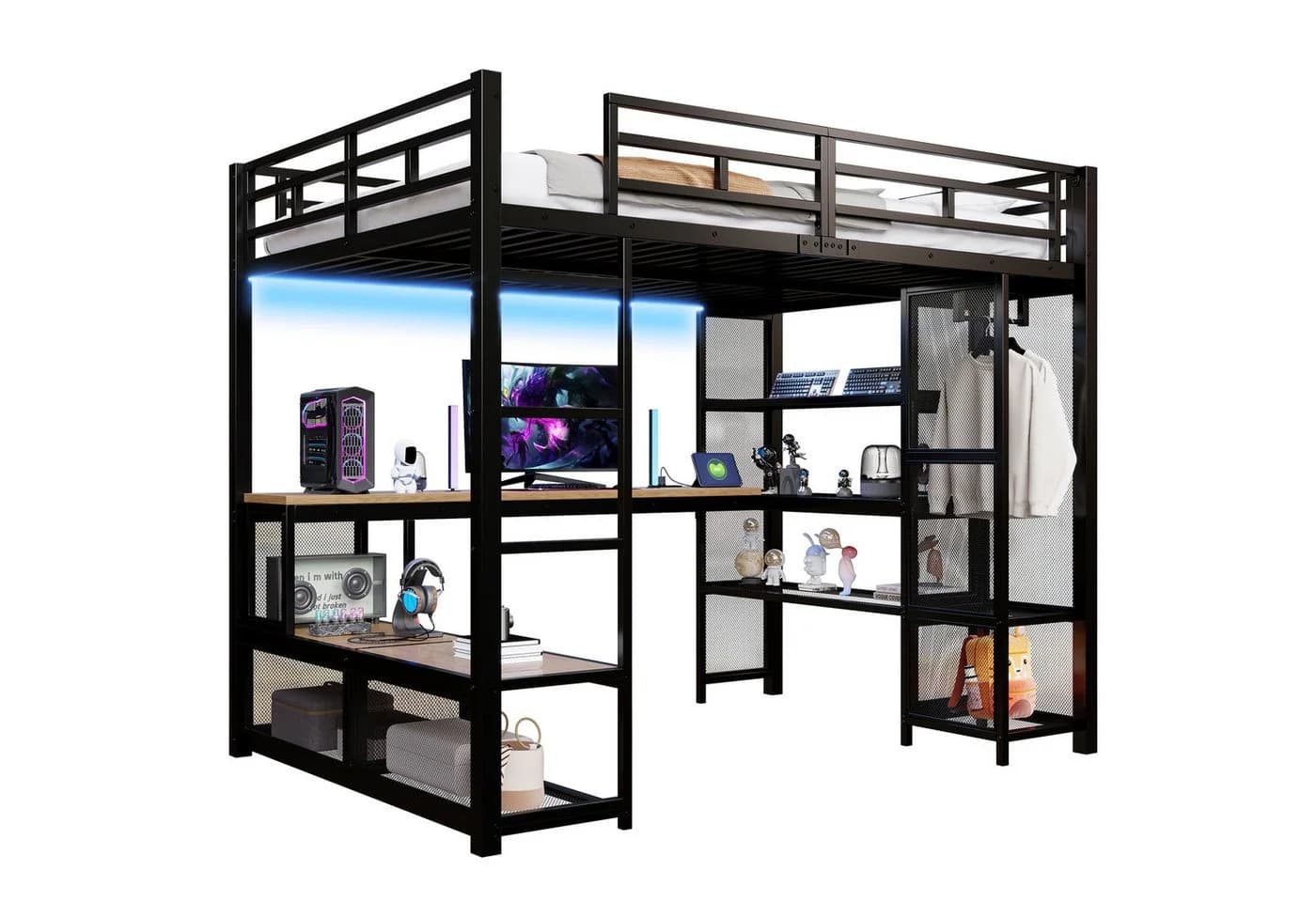 REDOM Hochbett Metall-Gaming mit LED-Beleuchtung & Schreibtisch