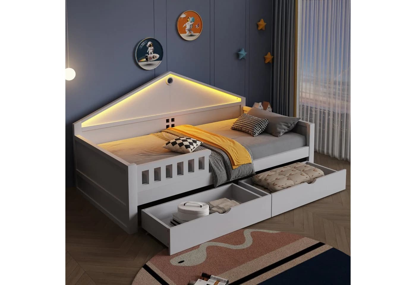 REDOM Kinderbett mit LED-Licht & Schubladen weiß/grau - Bild 2