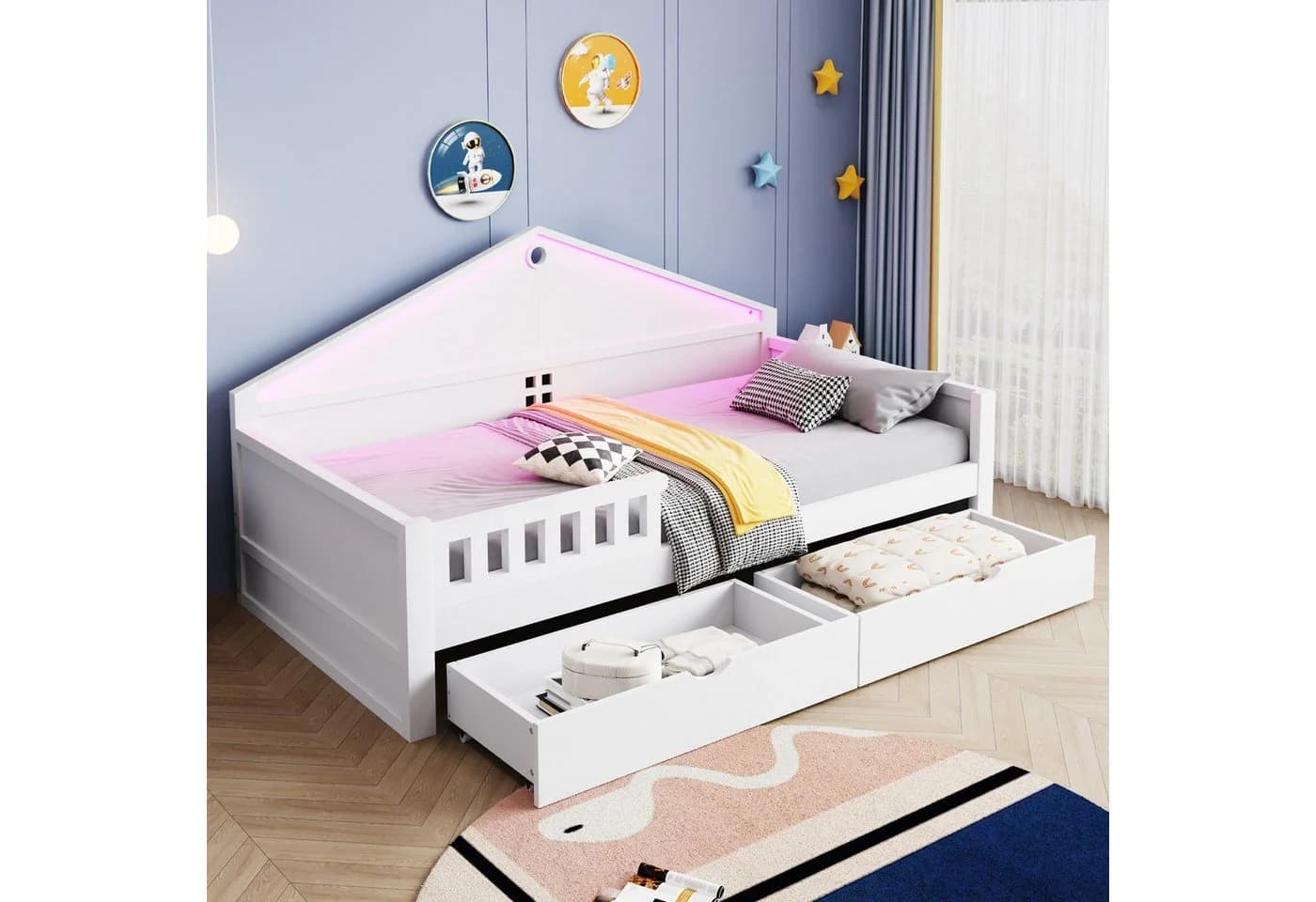 REDOM Kinderbett mit LED-Licht & Schubladen weiß/grau - Bild 4