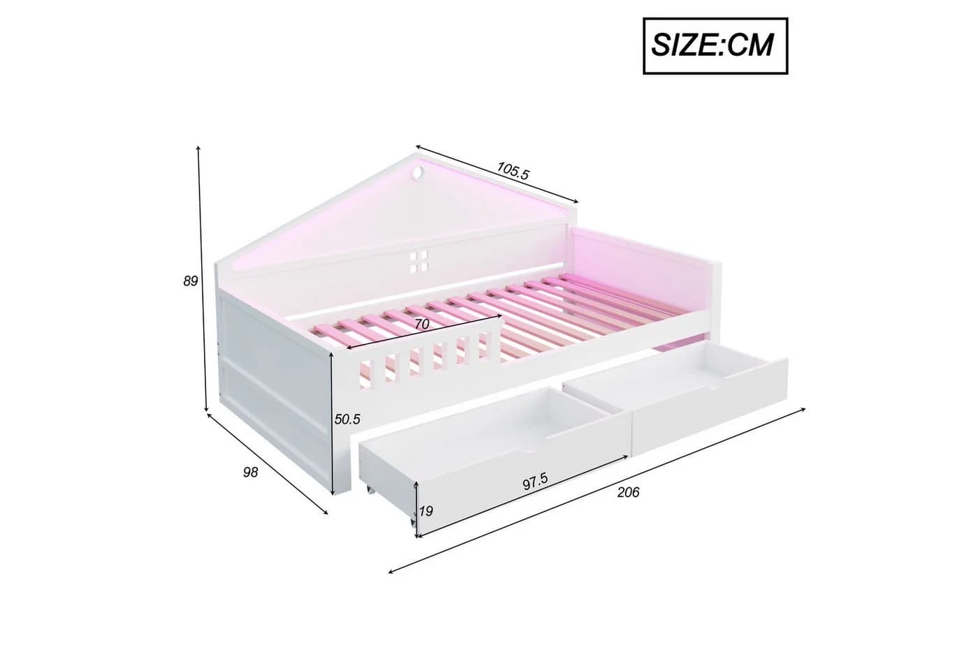 REDOM Kinderbett mit LED-Licht & Schubladen weiß/grau - Bild 5