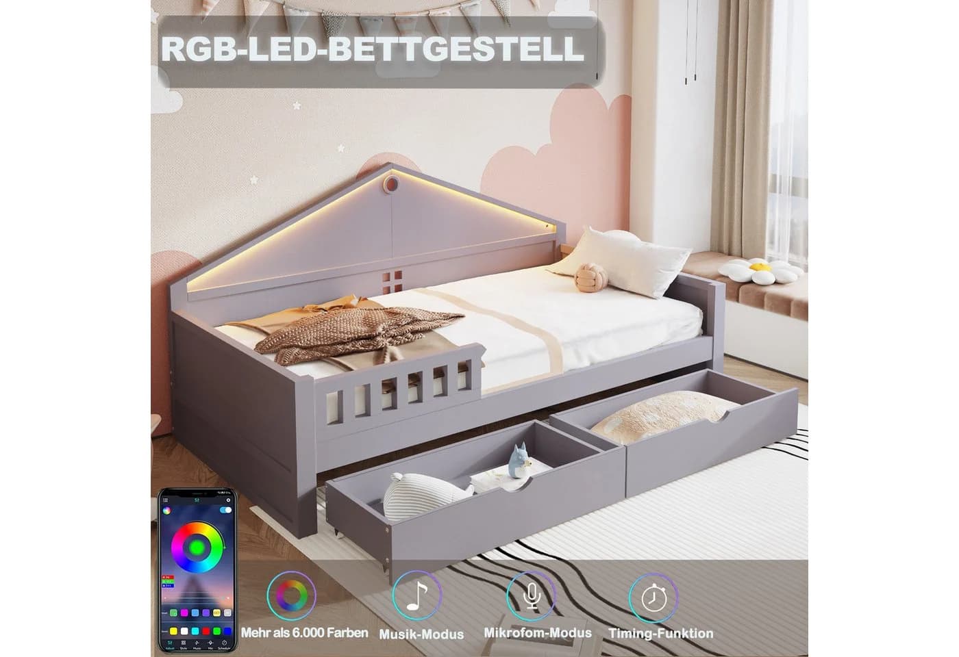 REDOM Kinderbett mit LED-Lichtleiste & geräumigen Schubladen