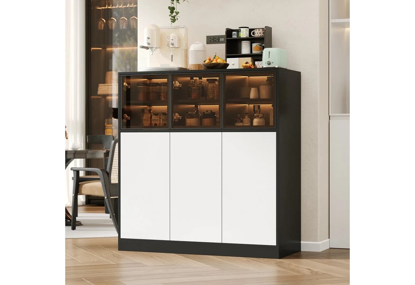REDOM Küchenbuffet Buffet & Hochschrank mit LED-Beleuchtung Schwarz Weiß - Bild 2