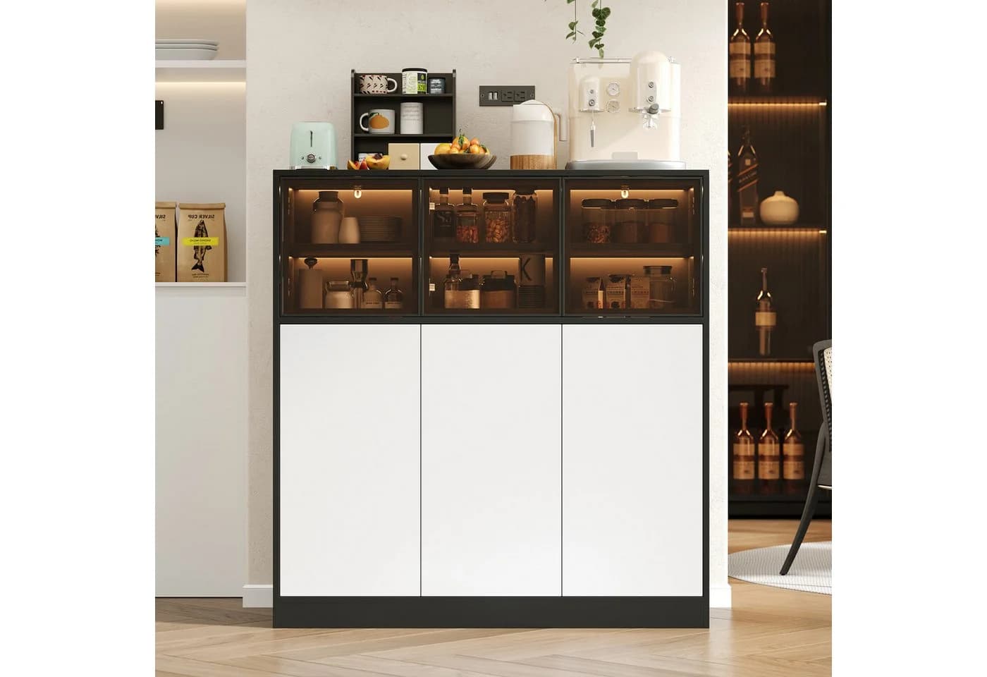 REDOM Küchenbuffet Buffet & Hochschrank mit LED-Beleuchtung Schwarz Weiß - Bild 4