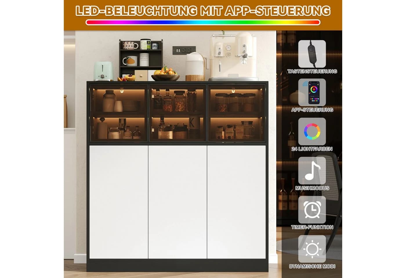 REDOM Küchenbuffet Buffet & Hochschrank mit LED-Beleuchtung Schwarz Weiß - Bild 5