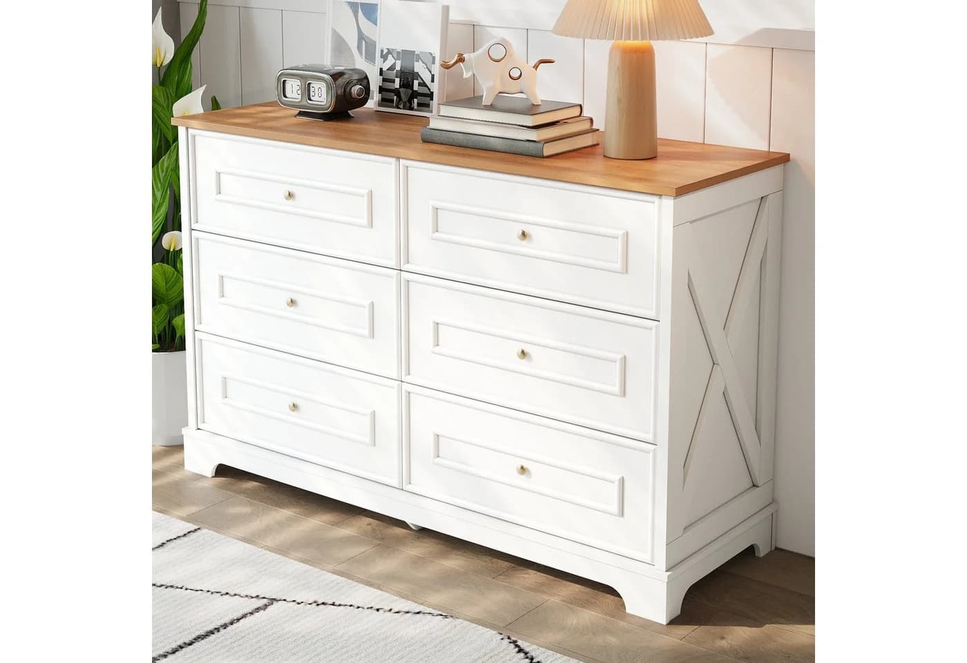 REDOM Sideboard Kommode Weiß/Natur 6 Schubladen Retro Landhaus - Bild 2