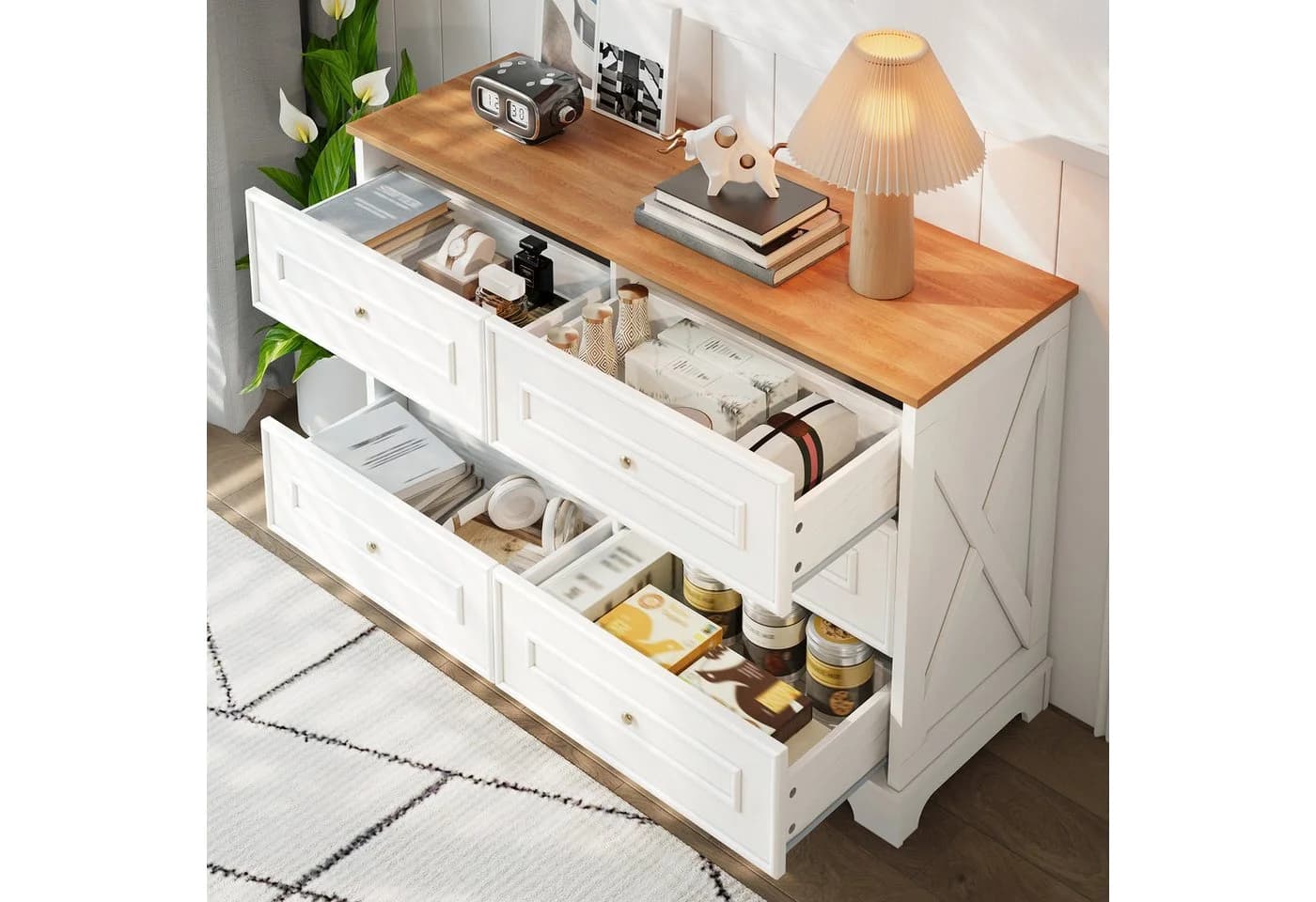 REDOM Sideboard Kommode Weiß/Natur 6 Schubladen Retro Landhaus - Bild 3