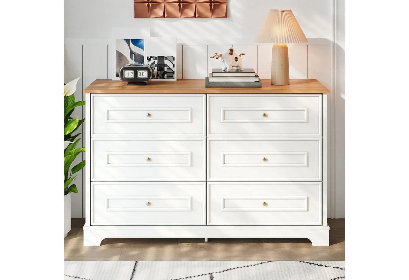 REDOM Sideboard Kommode Weiß/Natur 6 Schubladen Retro Landhaus - Bild 4