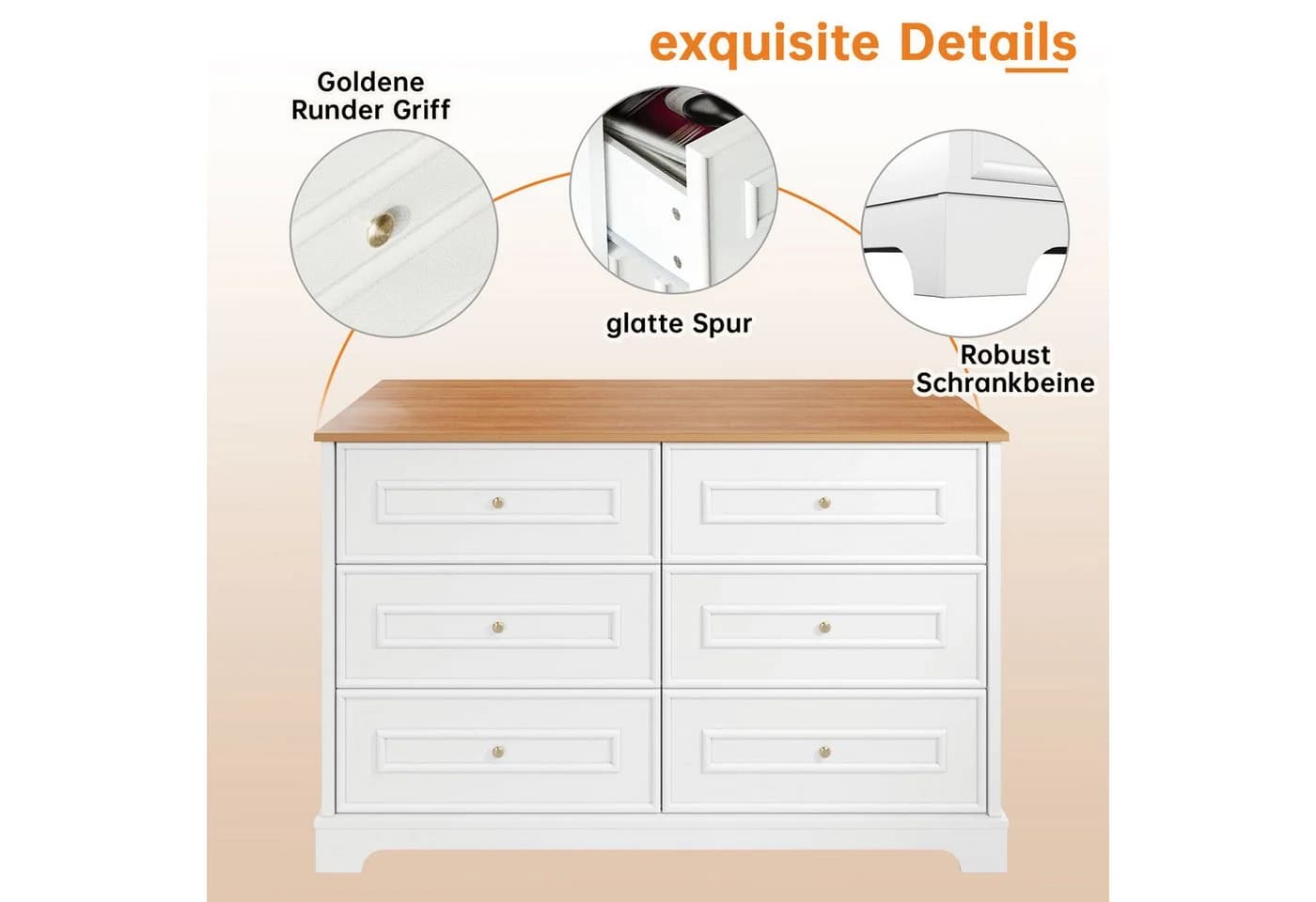 REDOM Sideboard Kommode Weiß/Natur 6 Schubladen Retro Landhaus - Bild 5