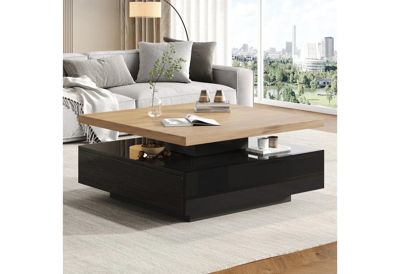 REDOM Couchtisch 70x70 cm mit drehbarer Platte und Stauraum
