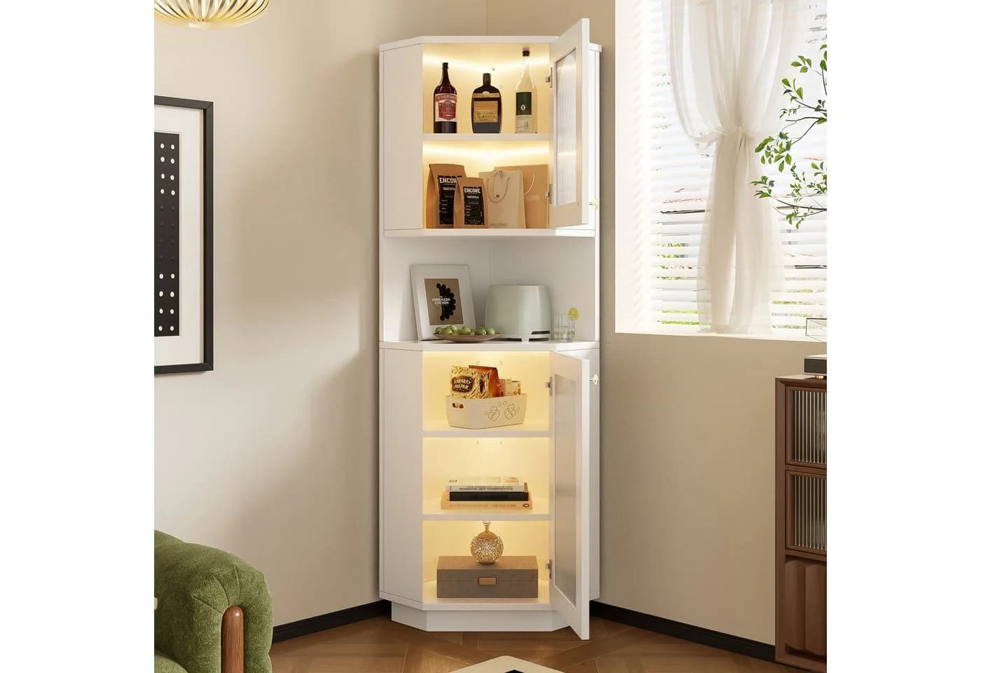 REDOM Vitrine Eckschrank Weiß mit Beleuchtung - Bild 3