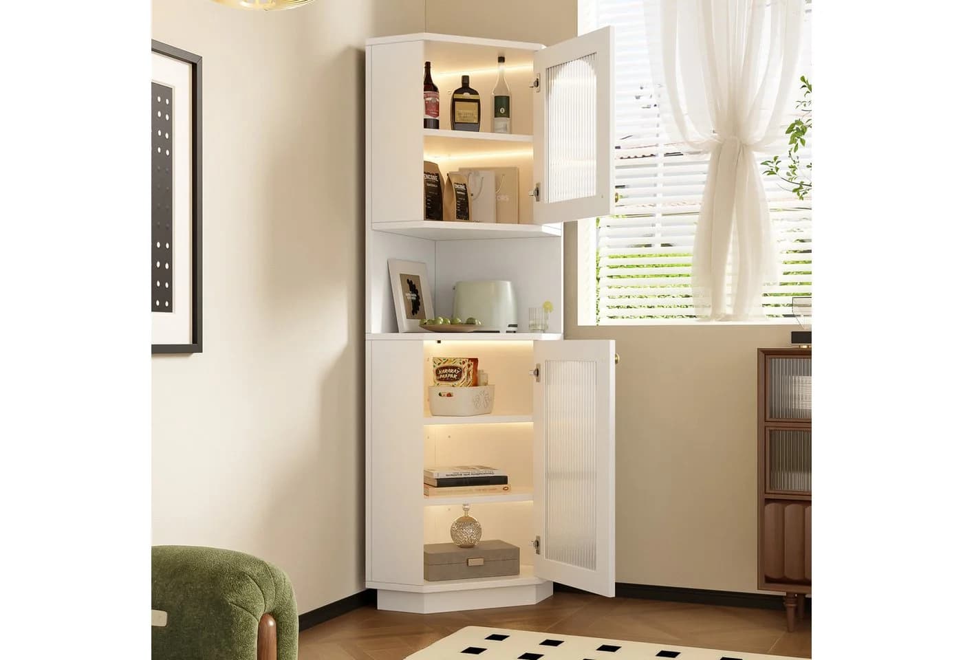 REDOM Vitrine Eckschrank Weiß mit Beleuchtung - Bild 4