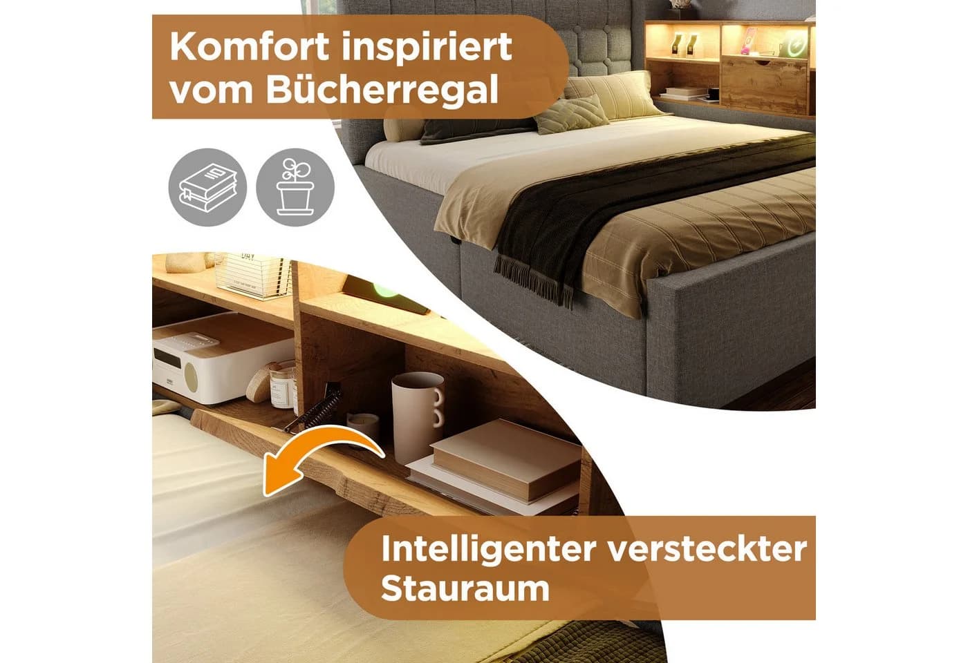 REDOM Polsterbett Stauraumbett mit LED-Beleuchtung und USB-Anschlüssen Grau - Bild 4