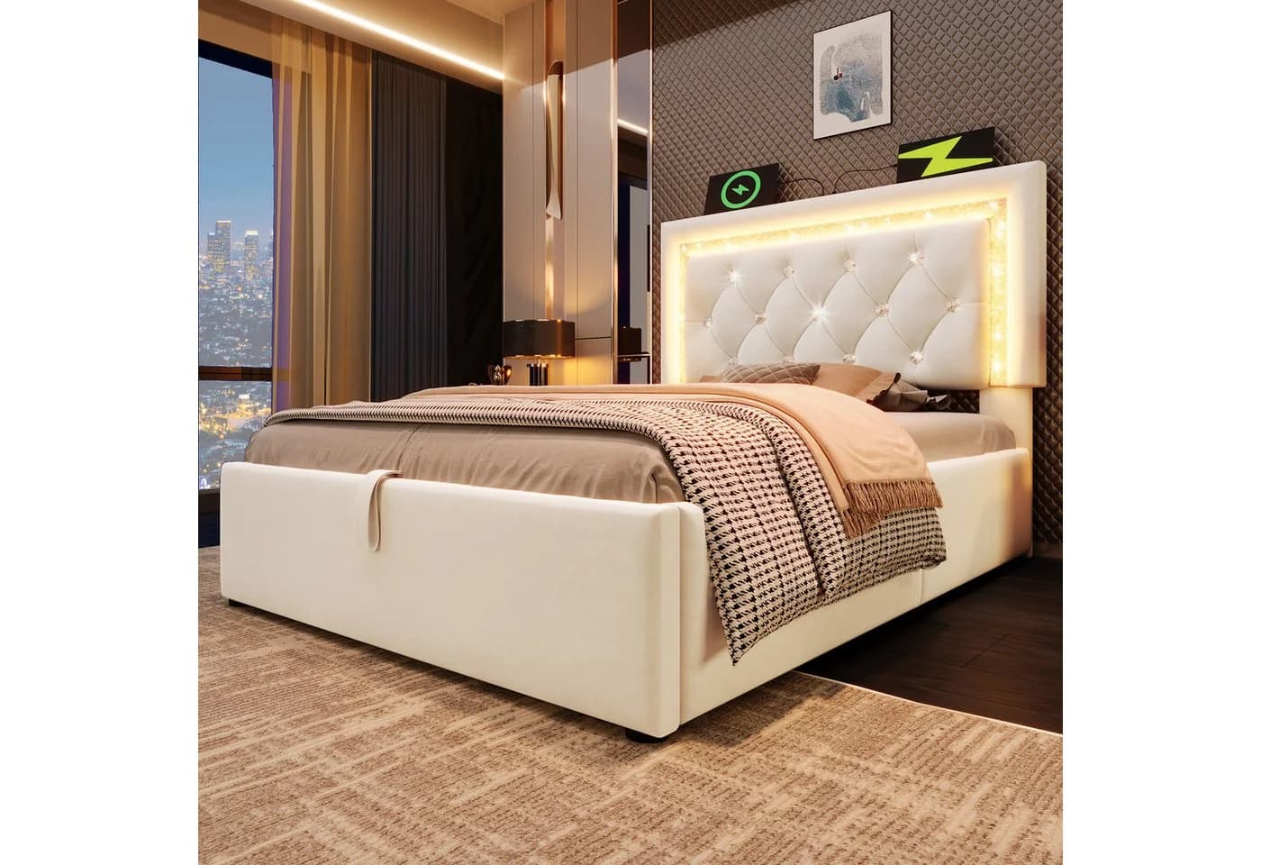REDOM Polsterbett Beige mit LED, USB-C & Bettkasten