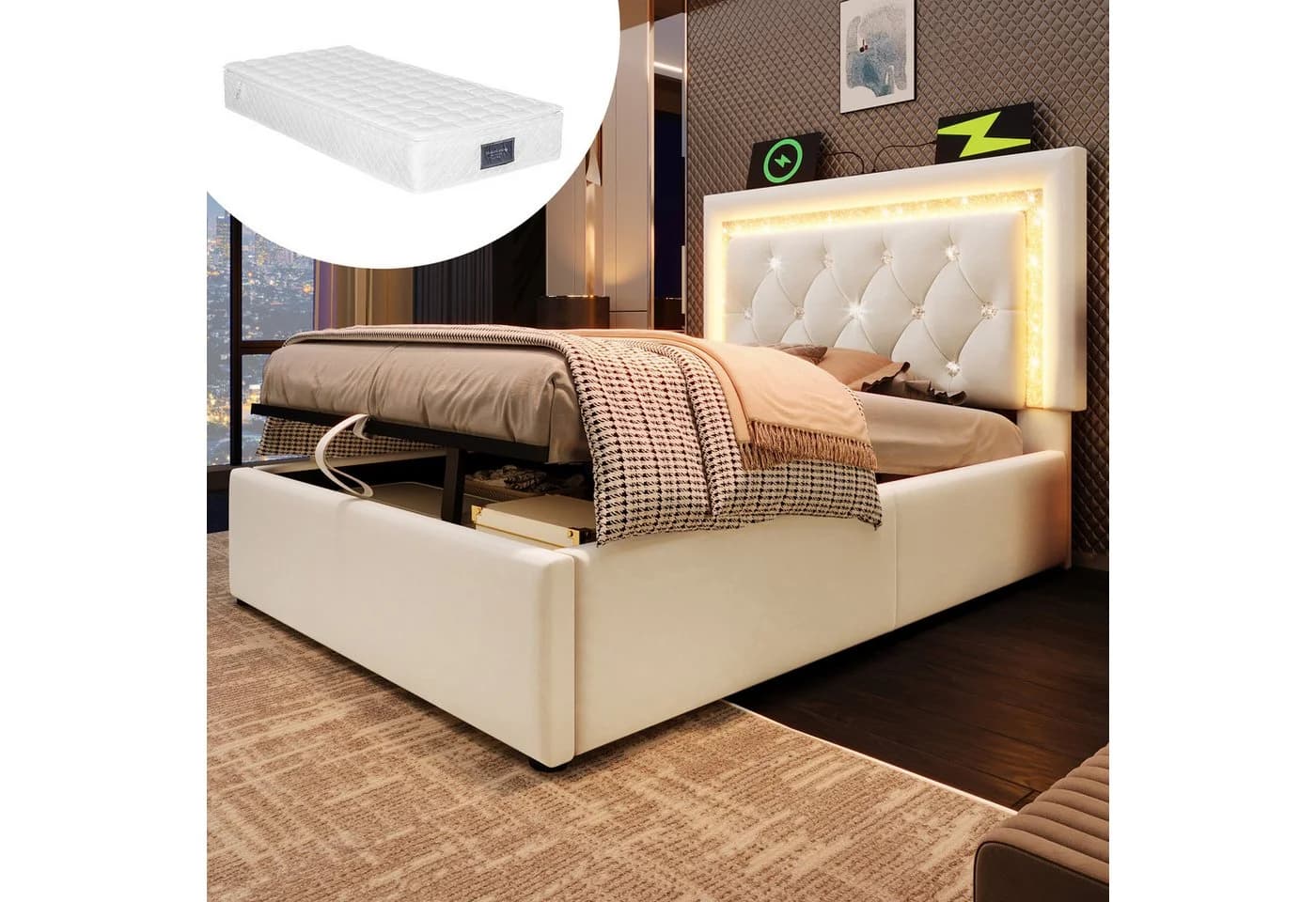 REDOM Polsterbett Beige mit LED, USB-C & Bettkasten - Bild 2