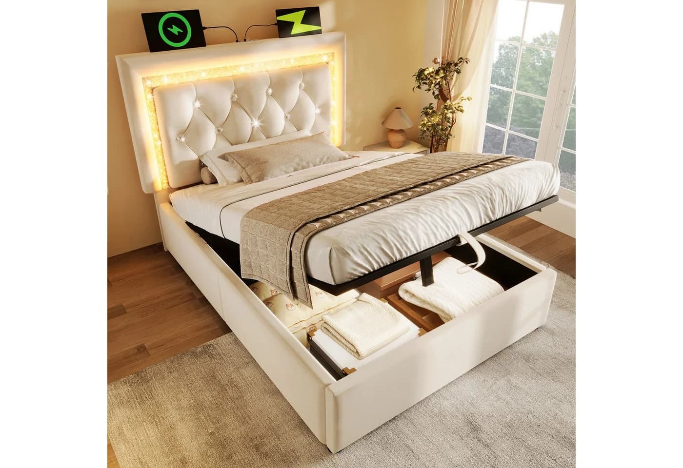 REDOM Polsterbett Beige mit LED, USB-C & Bettkasten - Bild 3