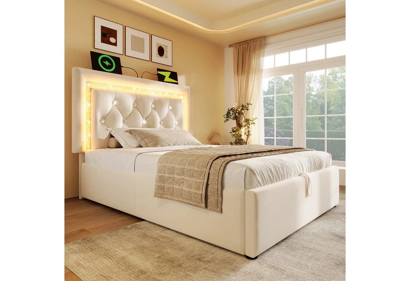 REDOM Polsterbett Beige mit LED, USB-C & Bettkasten - Bild 4