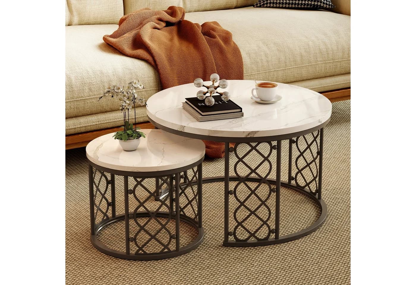 REDOM Couchtisch-Set 2er, Beistelltisch, Marmoroptik, Metallgestell - Bild 2