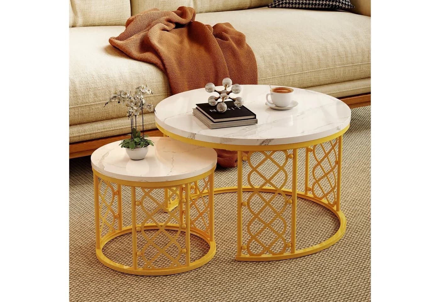 REDOM Couchtisch-Set, Beistelltisch für Schlafzimmer und Balkon, Marmoroptik, 2er-Set - Bild 3