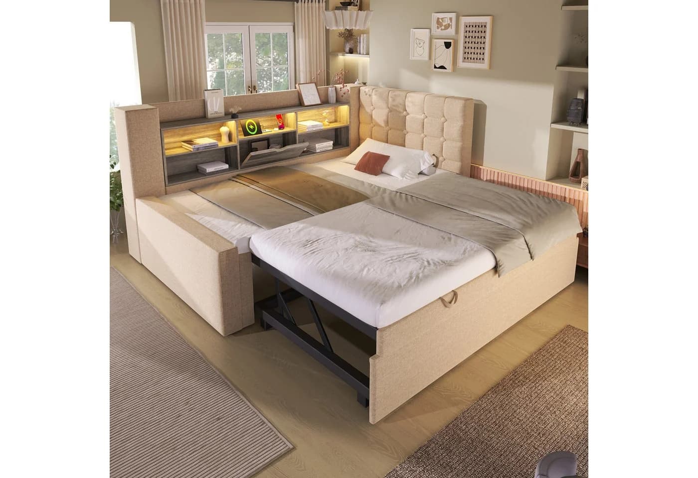 REDOM Polsterbett Flexibles Ausziehbett mit LED und Ladestation Beige - Bild 2