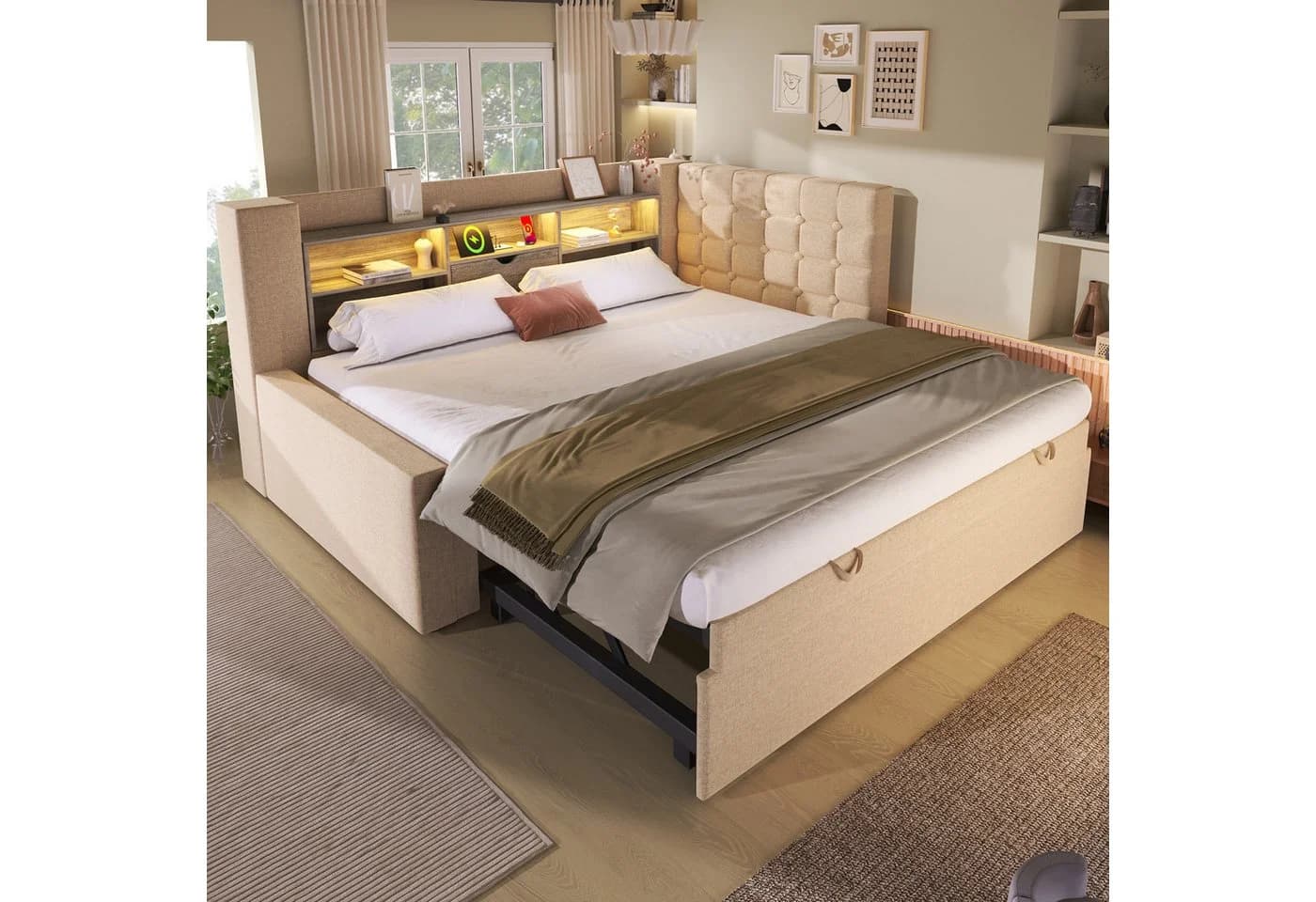REDOM Polsterbett Flexibles Ausziehbett mit LED und Ladestation Beige - Bild 3