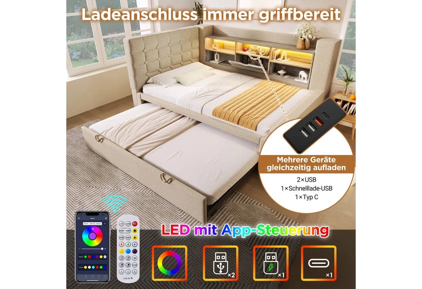 REDOM Polsterbett Flexibles Ausziehbett mit LED und Ladestation Beige - Bild 4