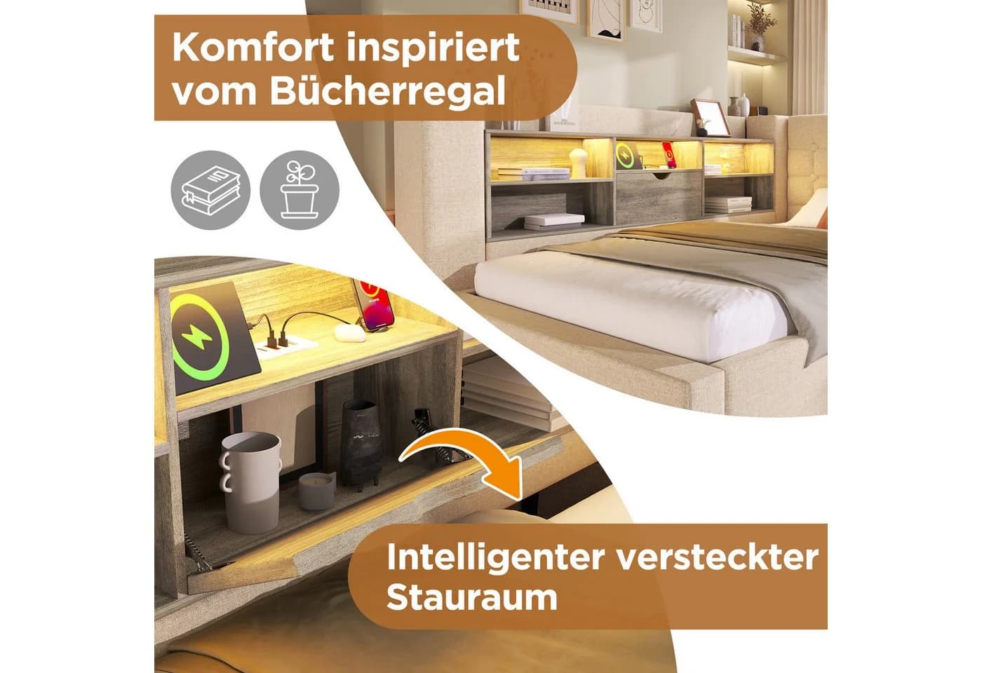 REDOM Polsterbett Flexibles Ausziehbett mit LED und Ladestation Beige - Bild 5