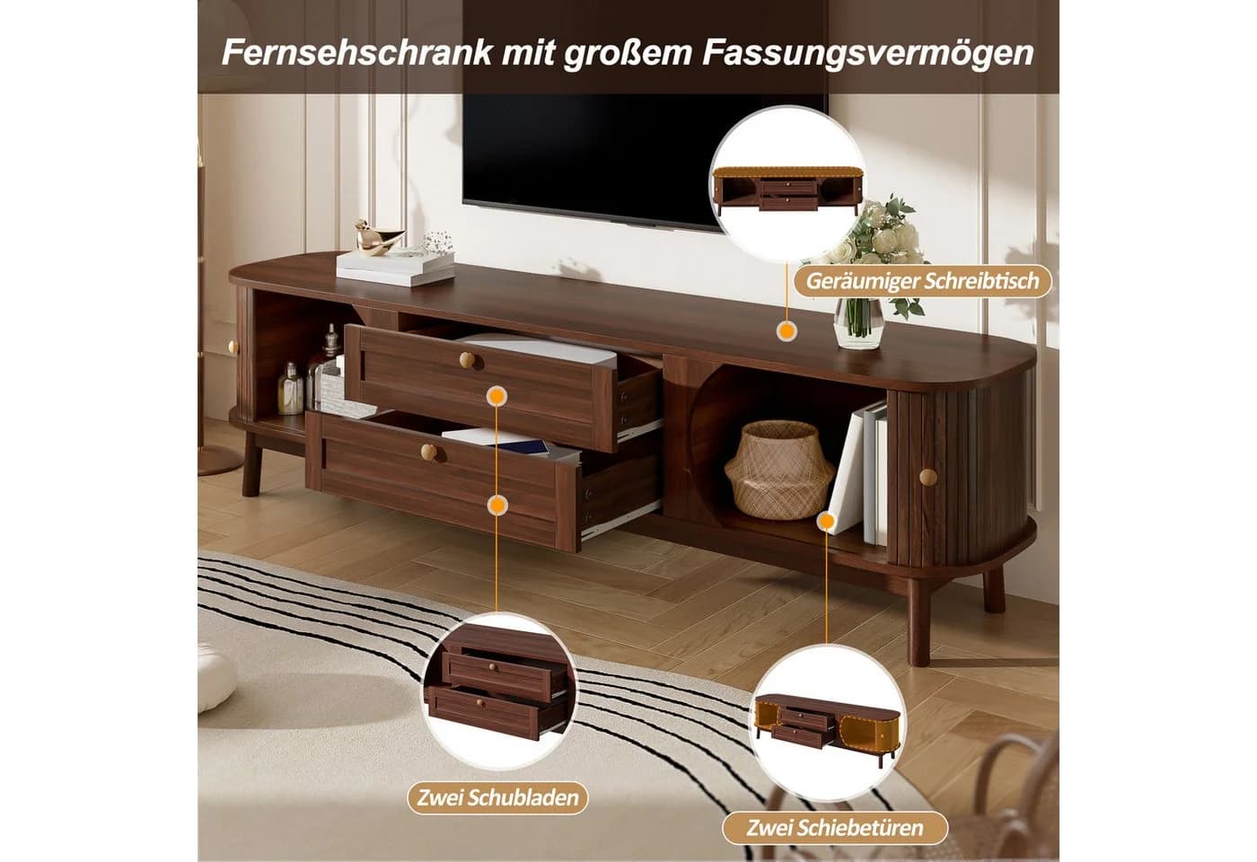 REDOM TV-Schrank Nussbaum-Optik Lamellentüren Holzbeine - Bild 5