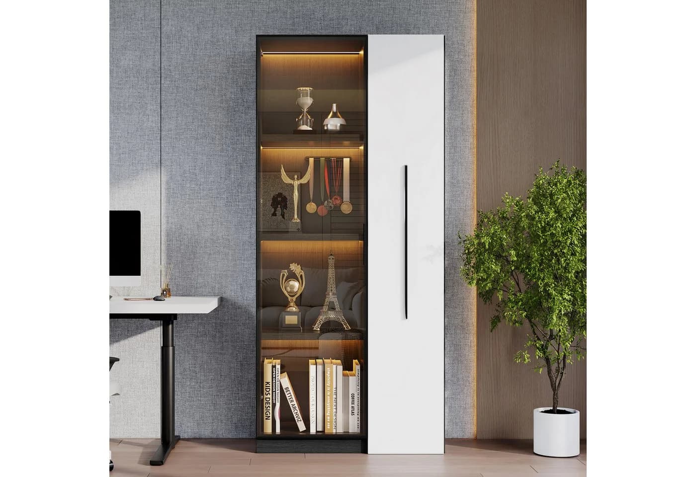 REDOM Vitrine mit Aluminium-Rahmen & Glastüren Schwarz/Weiß