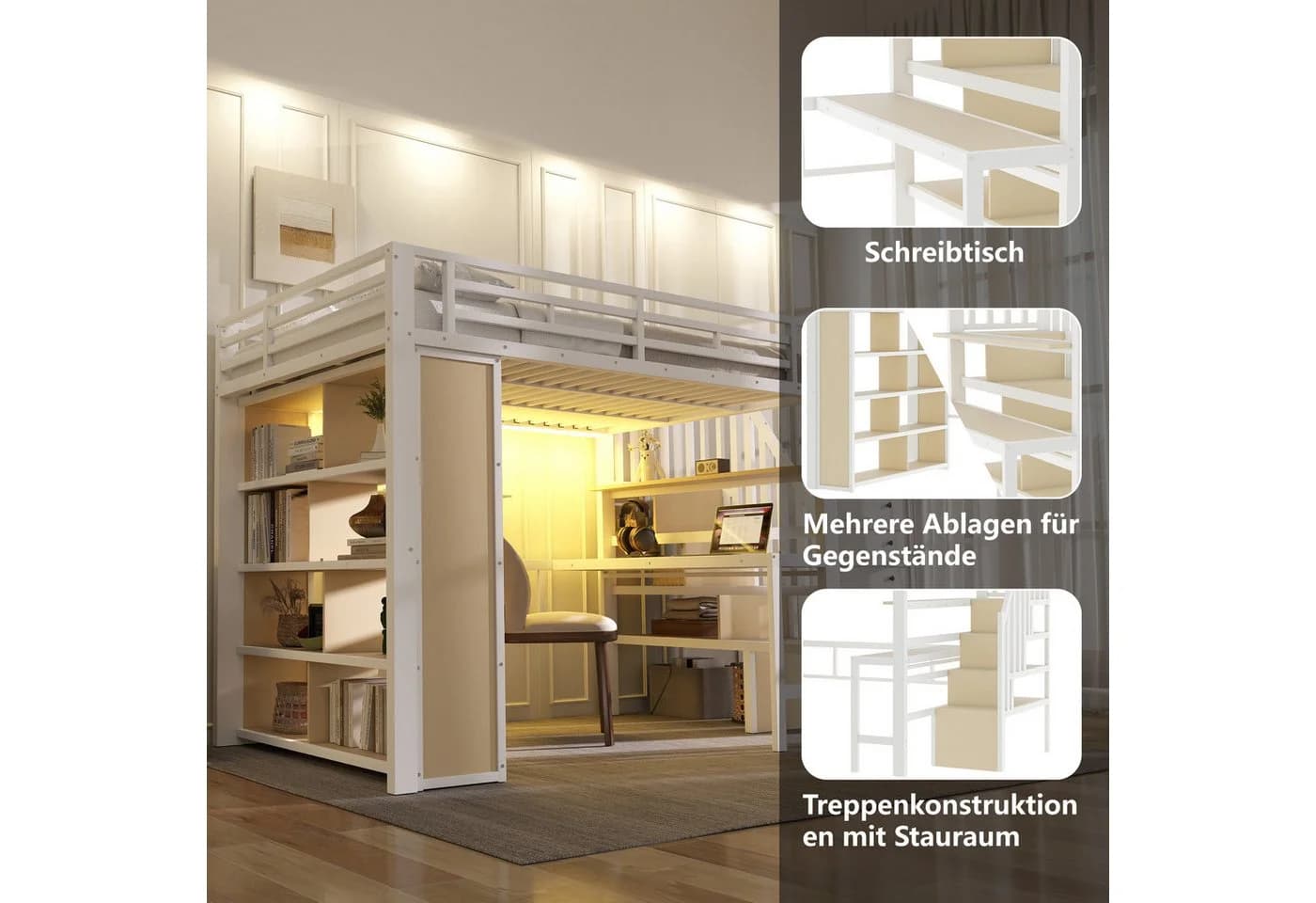 REDOM Hochbett mit LED-Beleuchtung, Schreibtisch und Stauraum - Bild 1